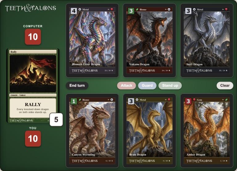 A Teeth & Talons table: three dragons a side, a chaos card and the die